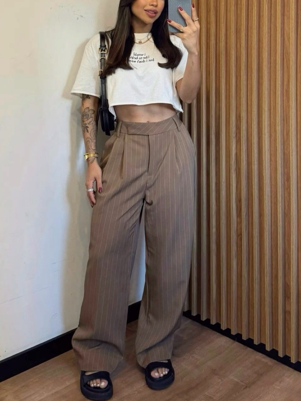 High-Waist Wide-Leg Pinstripe Trousers — Brown